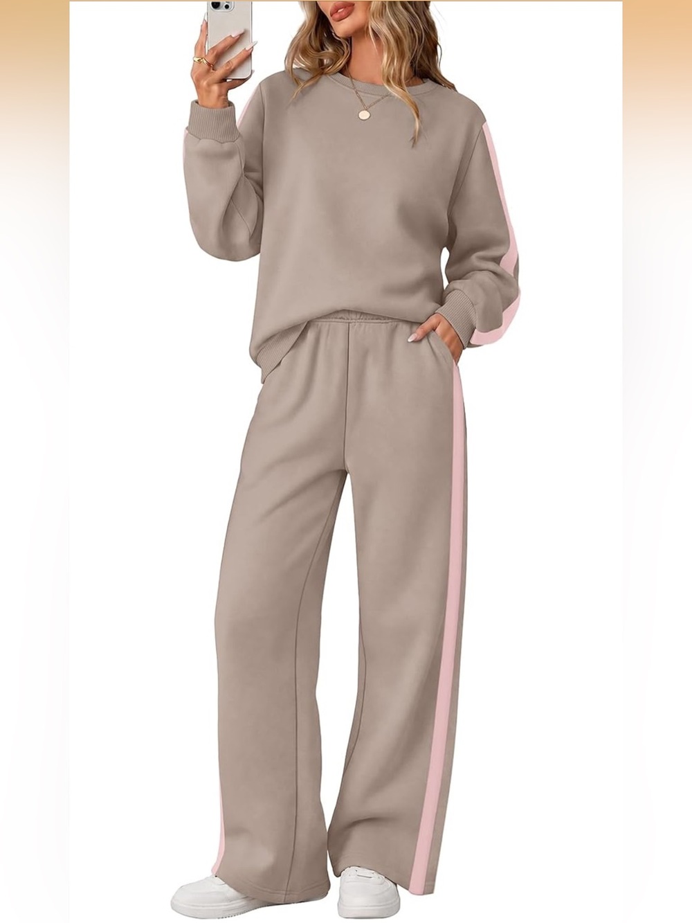 Taupe fleece sweatsuit with pink accents
